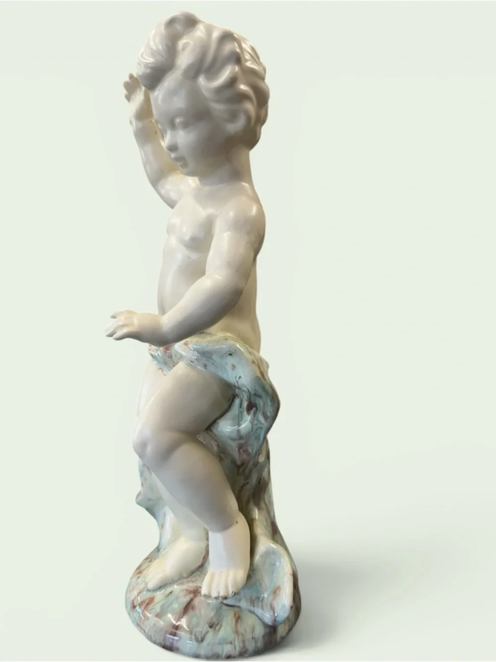 Vintage Cream Ceramic Cherub Figurine with Pale Aqua Drapery 16” x 6”